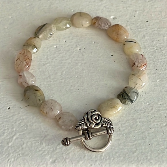 NEW Artisan Bracelet Rutilated Quartz with Silver Rose Toggle Clasp - Picture 2 of 4